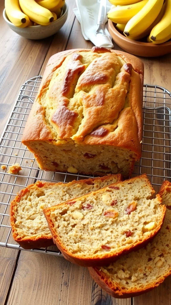 Freshly baked banana bread loaf on a wire rack with slices cut beside it.